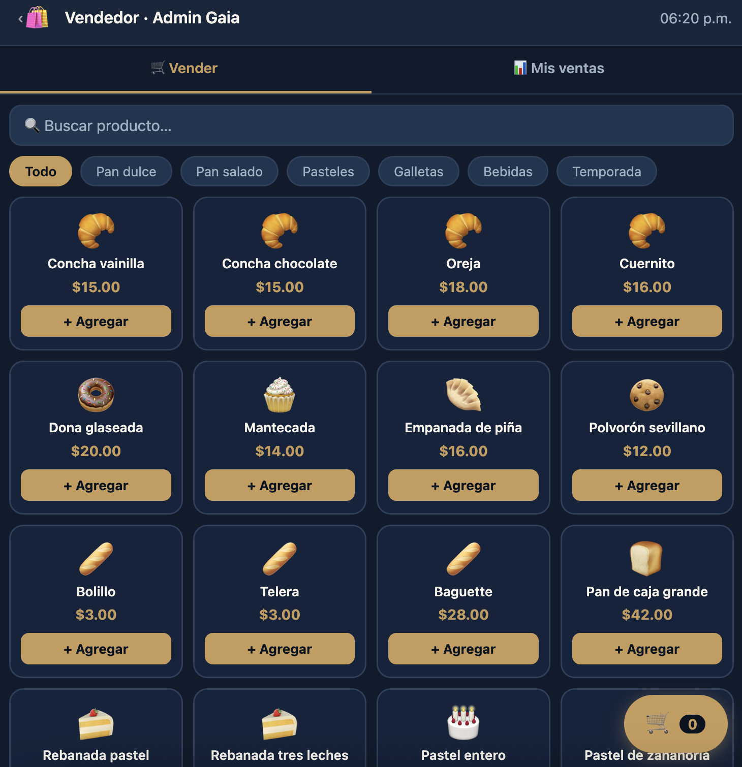 Pantalla de venta de GAIA con catálogo de productos